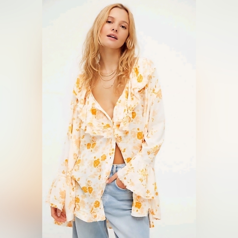 Free People Loretta Boho Floral Button Down Shirt in Cream and Yellow, Size S